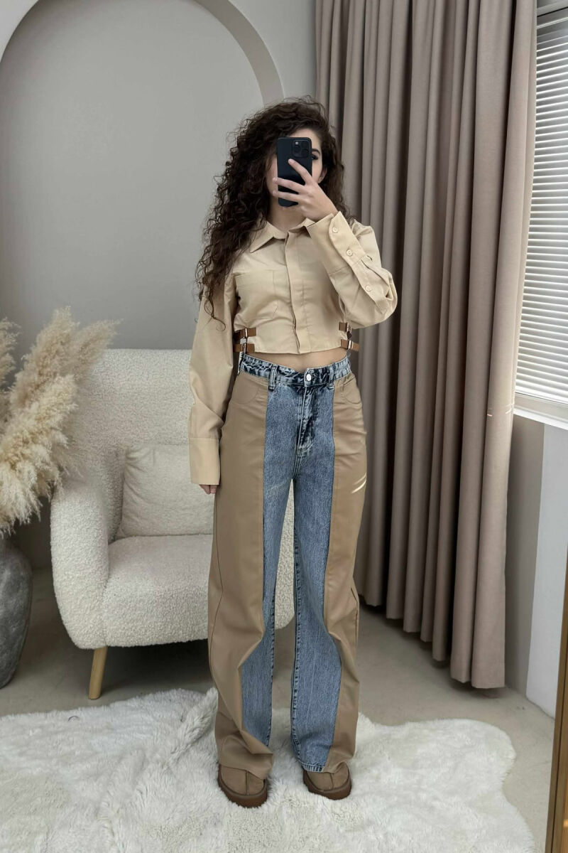 CROPPED ONE COLOR BELT DETAILS WOMEN SHIRT BEIGE/BEZHE - 4