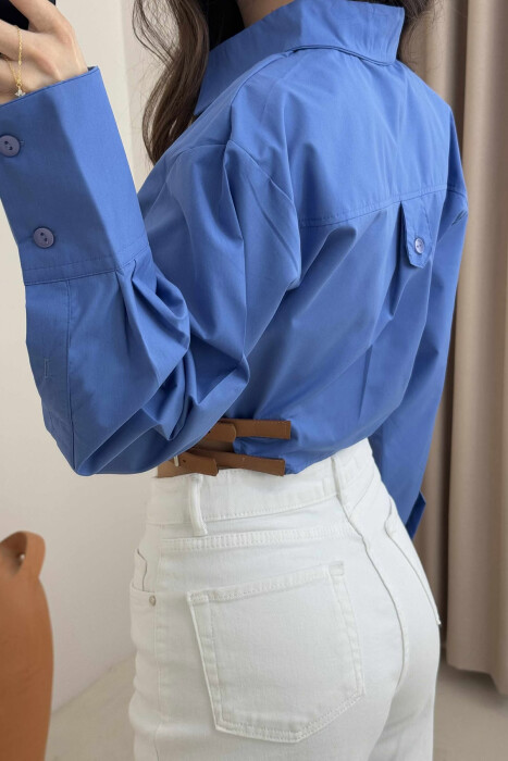 CROPPED ONE COLOR BELT DETAILS WOMEN SHIRT BLUE/BLU - 3