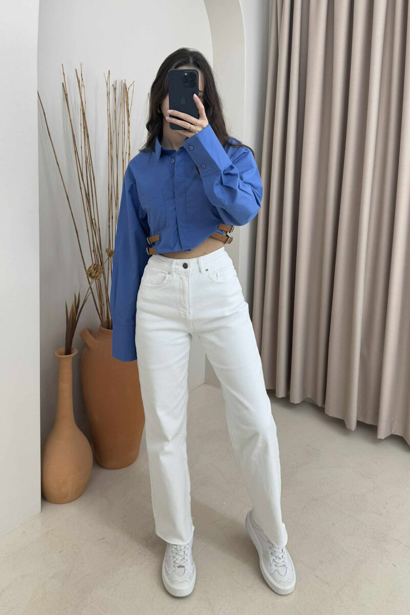 CROPPED ONE COLOR BELT DETAILS WOMEN SHIRT BLUE/BLU - 5