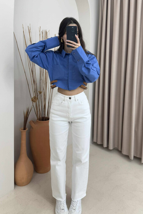 CROPPED ONE COLOR BELT DETAILS WOMEN SHIRT BLUE/BLU - 1