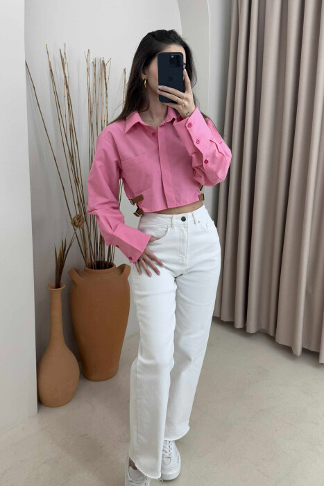 CROPPED ONE COLOR BELT DETAILS WOMEN SHIRT PINK/ROZE 