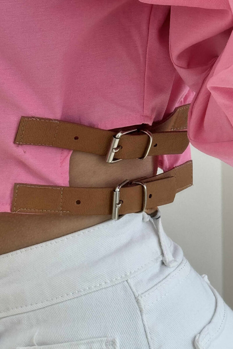 CROPPED ONE COLOR BELT DETAILS WOMEN SHIRT PINK/ROZE - 3