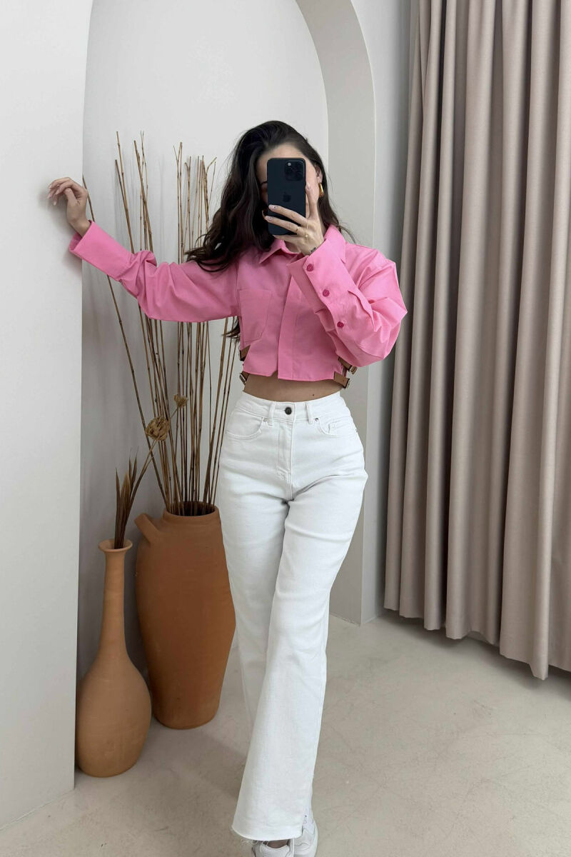 CROPPED ONE COLOR BELT DETAILS WOMEN SHIRT PINK/ROZE - 4