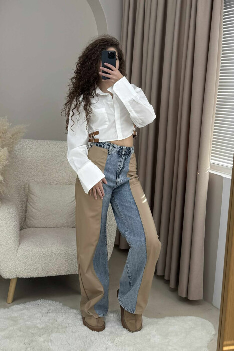 CROPPED ONE COLOR BELT DETAILS WOMEN SHIRT WHITE-E BARDHE - 2