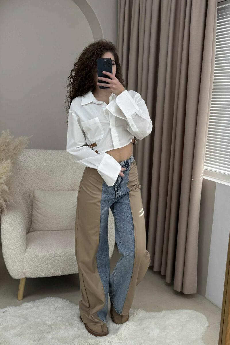 CROPPED ONE COLOR BELT DETAILS WOMEN SHIRT WHITE-E BARDHE - 3