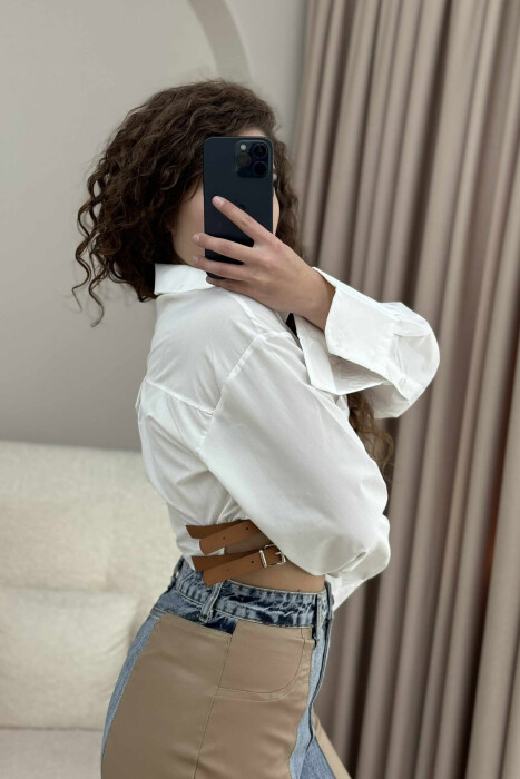 CROPPED ONE COLOR BELT DETAILS WOMEN SHIRT WHITE-E BARDHE - 4
