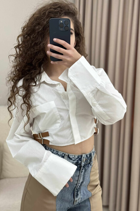 CROPPED ONE COLOR BELT DETAILS WOMEN SHIRT WHITE-E BARDHE - 5
