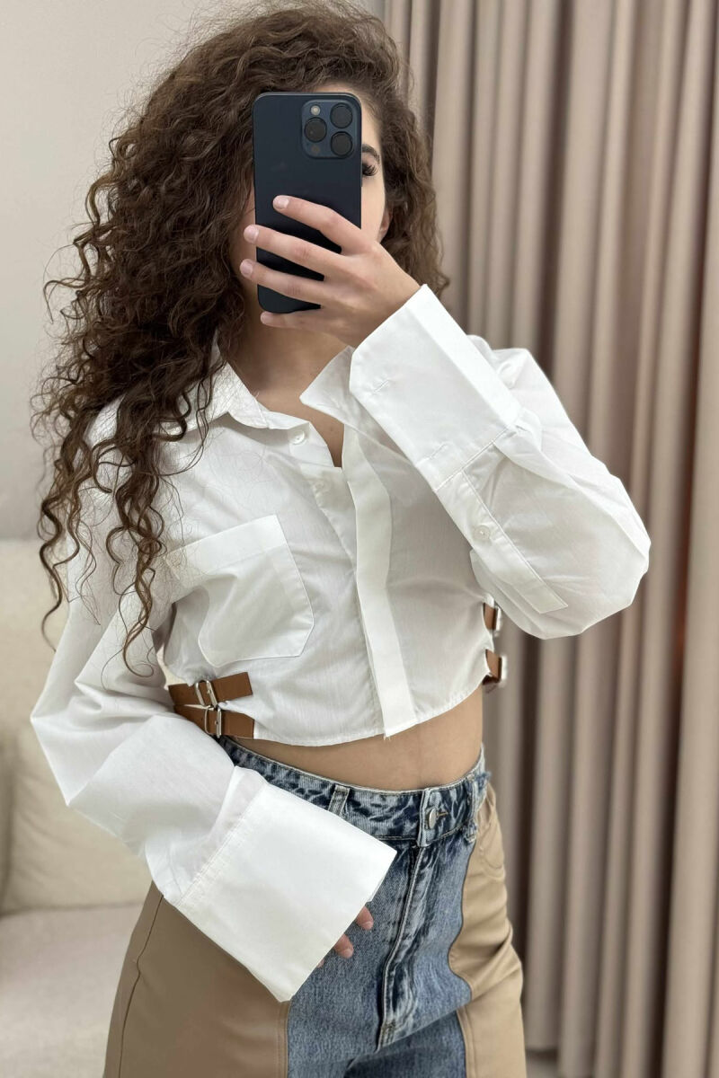 CROPPED ONE COLOR BELT DETAILS WOMEN SHIRT WHITE-E BARDHE - 5