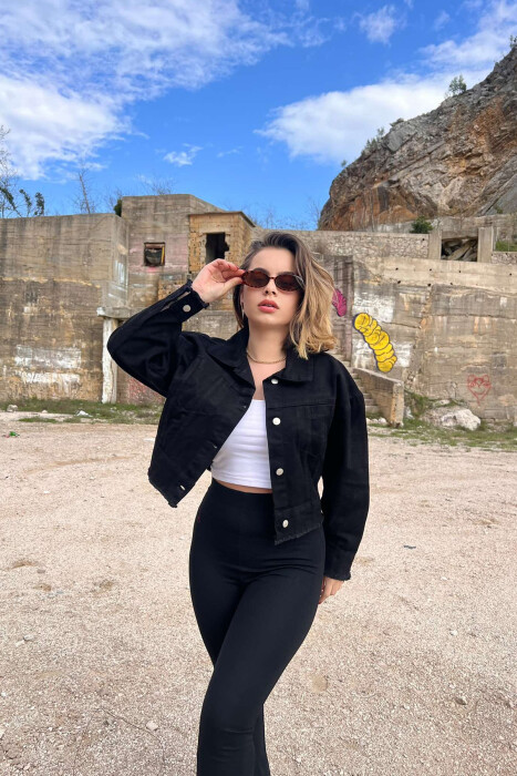 CROPPED ONE COLOR DENIM WOMEN JACKET BLACK/ E ZEZE 