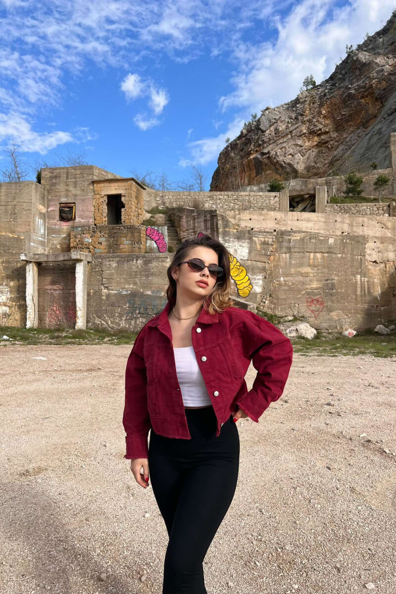 CROPPED ONE COLOR DENIM WOMEN JACKET BURGUNDY/VISHNJE - 2