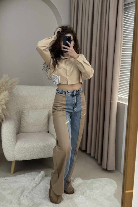 CROPPED ONE COLOR WOMEN SHIRT BEIGE/BEZHE - 2