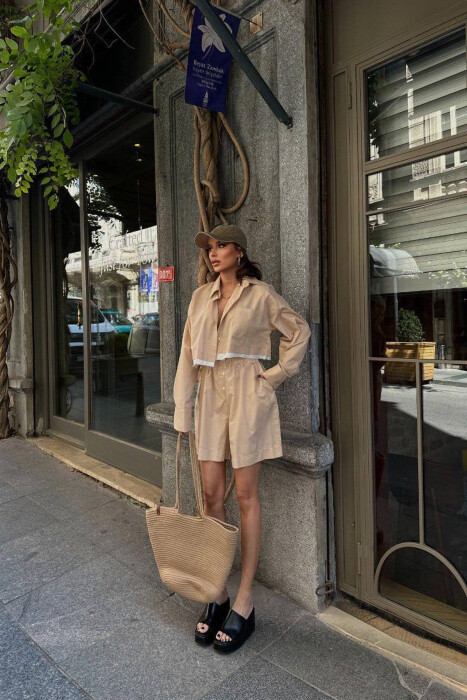 CROPPED SHIRT + SHORTS WOMEN SET BEIGE/BEZHE - 2