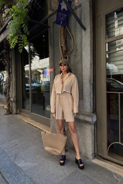 CROPPED SHIRT + SHORTS WOMEN SET BEIGE/BEZHE - 3