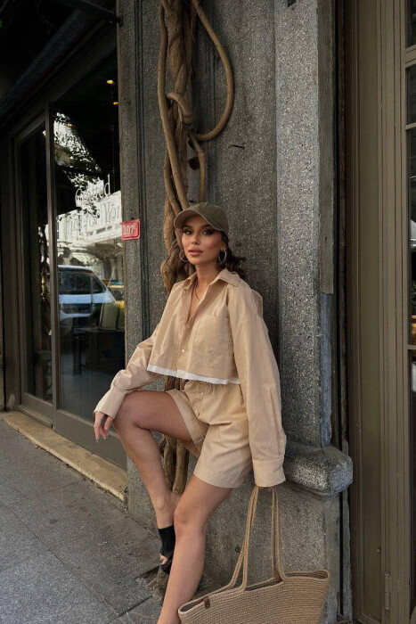CROPPED SHIRT + SHORTS WOMEN SET BEIGE/BEZHE - 4