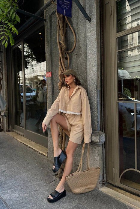 CROPPED SHIRT + SHORTS WOMEN SET BEIGE/BEZHE - 5