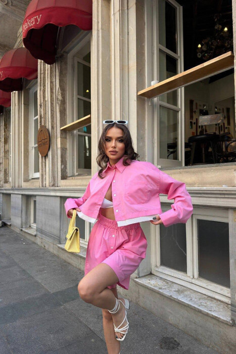 CROPPED SHIRT + SHORTS WOMEN SET PINK/ROZE - 8