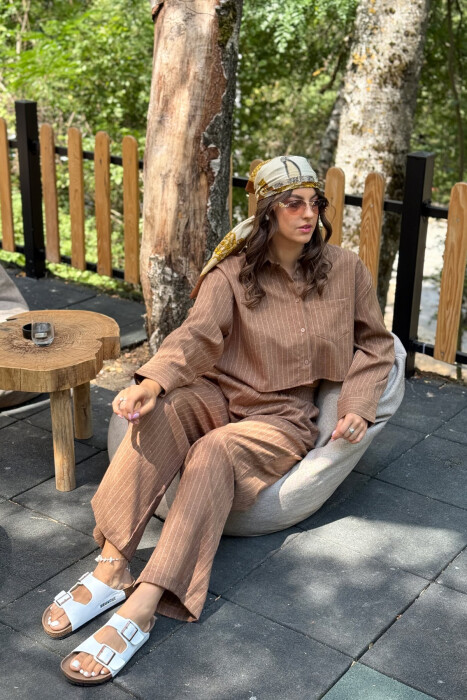 CROPPED SHIRT+TROUSERS STRIPED WOMEN SET BROWN/KAFE 