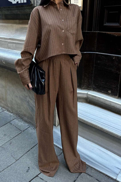 CROPPED SHIRT+TROUSERS STRIPED WOMEN SET BROWN/KAFE - 4