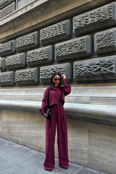 CROPPED SHIRT+TROUSERS STRIPED WOMEN SET BURGUNDY/VISHNJE 