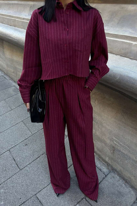 CROPPED SHIRT+TROUSERS STRIPED WOMEN SET BURGUNDY/VISHNJE - 2