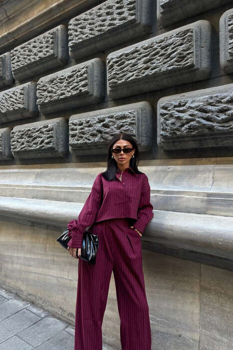 CROPPED SHIRT+TROUSERS STRIPED WOMEN SET BURGUNDY/VISHNJE - 3