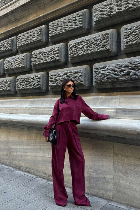 CROPPED SHIRT+TROUSERS STRIPED WOMEN SET BURGUNDY/VISHNJE - 5