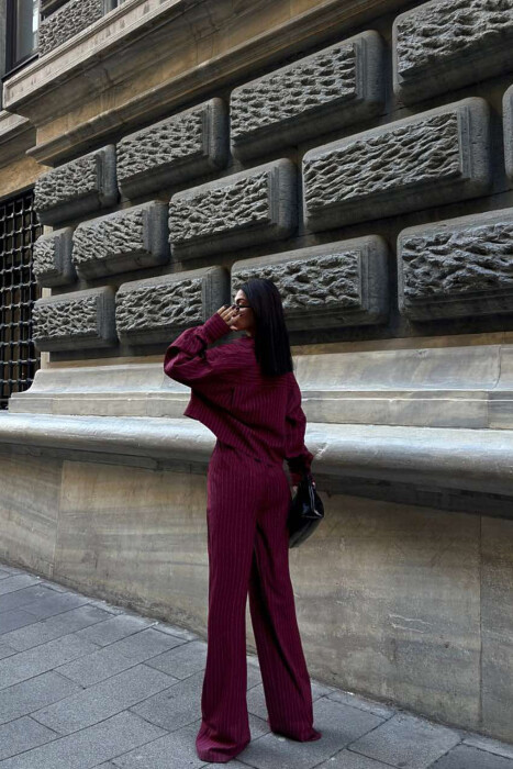 CROPPED SHIRT+TROUSERS STRIPED WOMEN SET BURGUNDY/VISHNJE - 6