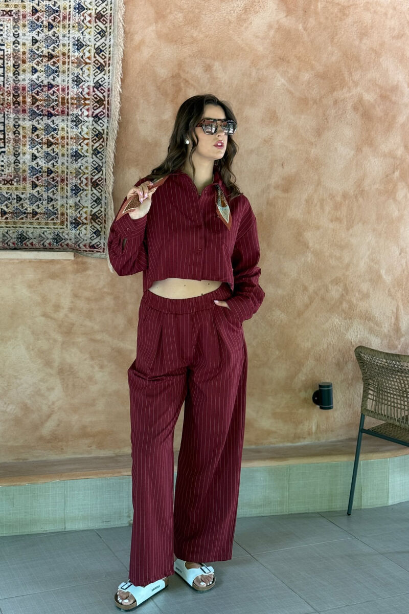CROPPED SHIRT+TROUSERS STRIPED WOMEN SET BURGUNDY/VISHNJE - 2