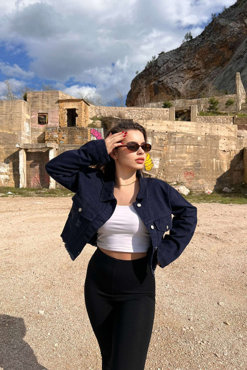 CROPPED SIMPLE WOMEN JACKET DARK BLUE/BEE - 2