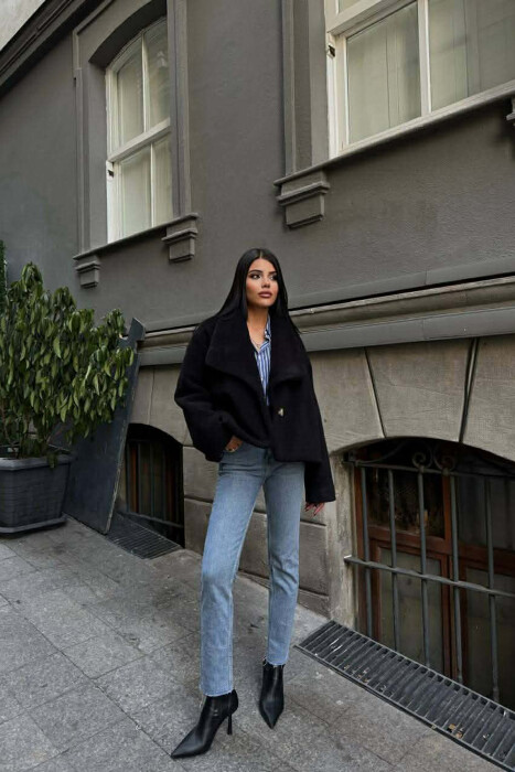 CROPPED SIMPLE WOOL WOMEN JACKET BLACK/ E ZEZE - KLAUDIO FASHION