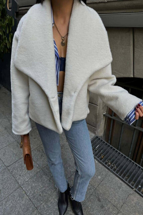 CROPPED SIMPLE WOOL WOMEN JACKET CREAM/KREM 