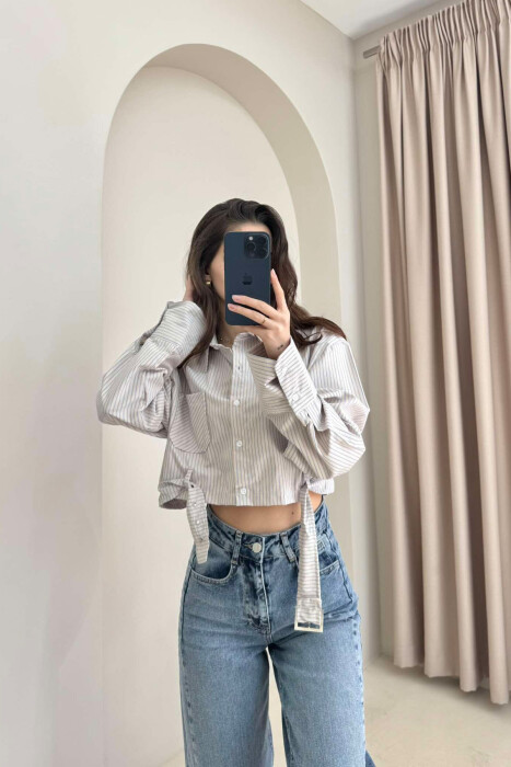 CROPPED STRIPE DESIGN WOMEN SHIRT BEIGE/BEZHE - 2