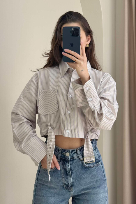 CROPPED STRIPE DESIGN WOMEN SHIRT BEIGE/BEZHE - 3