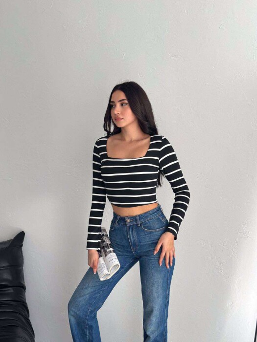 CROPPED STRIPE LONG SLEEVE WOMEN SWEATSHIRT IN BLACK COLOR 