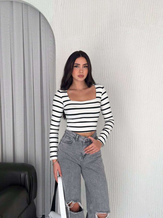 CROPPED STRIPE LONG SLEEVE WOMEN SWEATSHIRT IN WHITE COLOR - 1