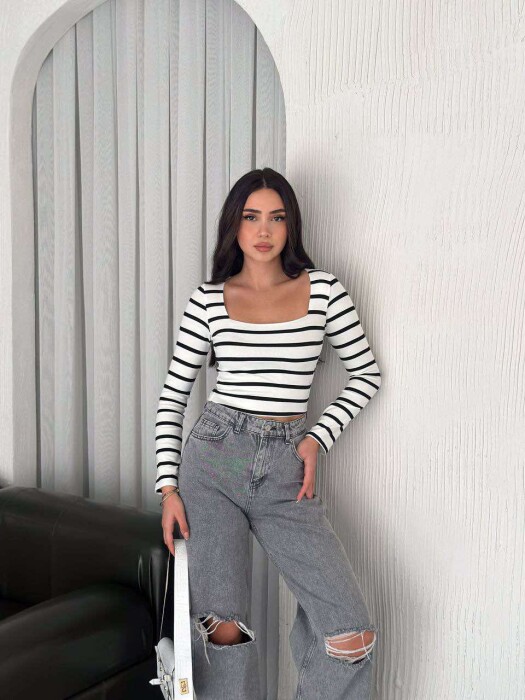 CROPPED STRIPE LONG SLEEVE WOMEN SWEATSHIRT IN WHITE COLOR - 2