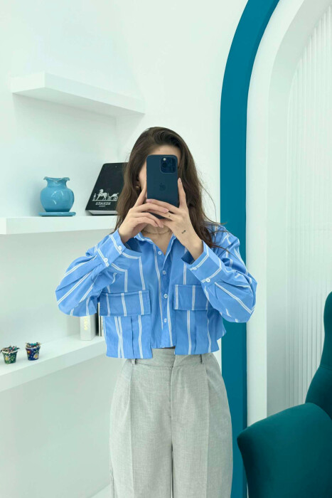 CROPPED STRIPE SIMPLE WOMEN SHIRT BLUE/BLU - 5