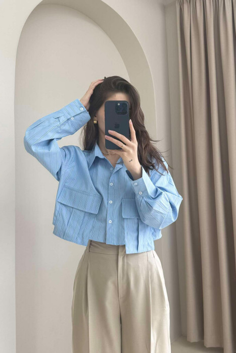 CROPPED STRIPE SIMPLE WOMEN SHIRT LIGHTBLUE/BZ - 1