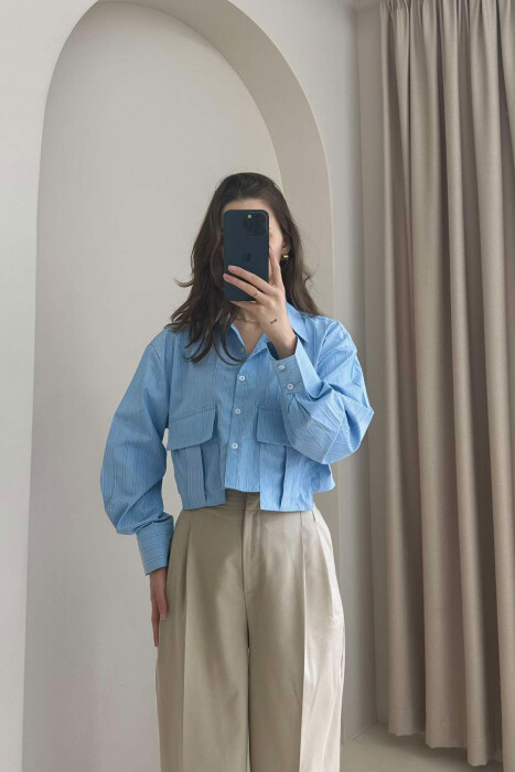 CROPPED STRIPE SIMPLE WOMEN SHIRT LIGHTBLUE/BZ - 2