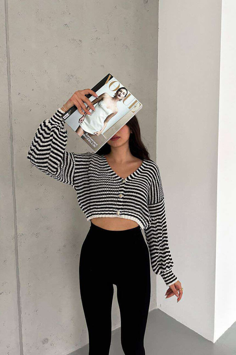 CROPPED STRIPE WOMEN CARDIGAN WHITE-BLACK/BAZE - 3