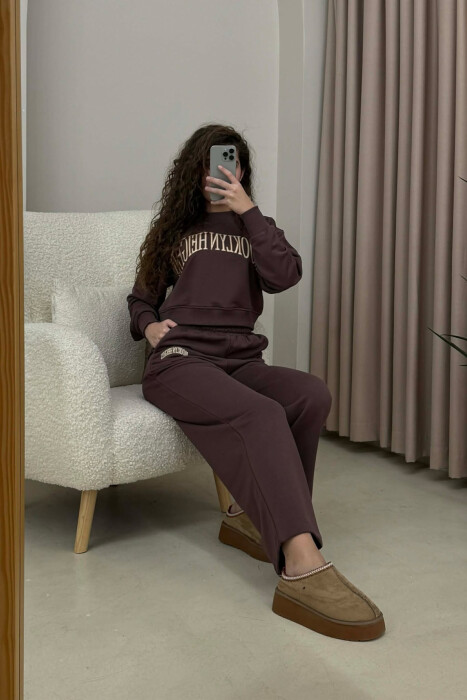 CROPPED SWEATSHIRT+SWEATPANTS WRITTINGS WOMEN SET DARK BROWN/KAE - 3