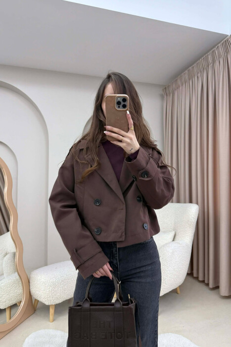 CROPPED V NECK WOMEN JACKET DARK BROWN/KAE - KLAUDIO FASHION