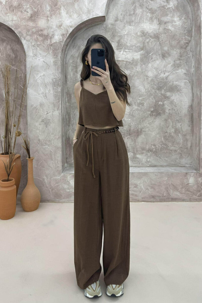 CROP+TROUSERS LINEN WOMAN SET BROWN/KAFE - 1