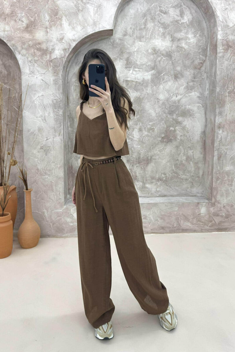 CROP+TROUSERS LINEN WOMAN SET BROWN/KAFE - 2