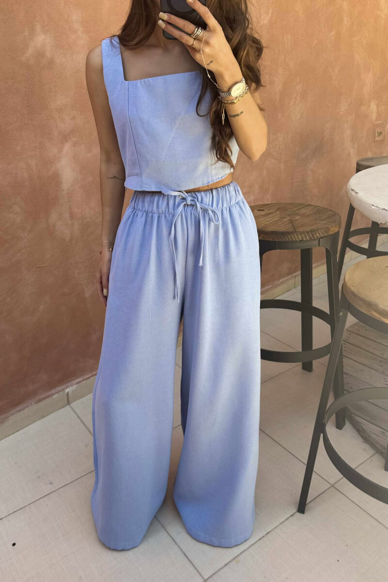 CROP+TROUSERS ONE COLOR WOMEN SET LIGHTBLUE/BZ TWO-PIECE SETS