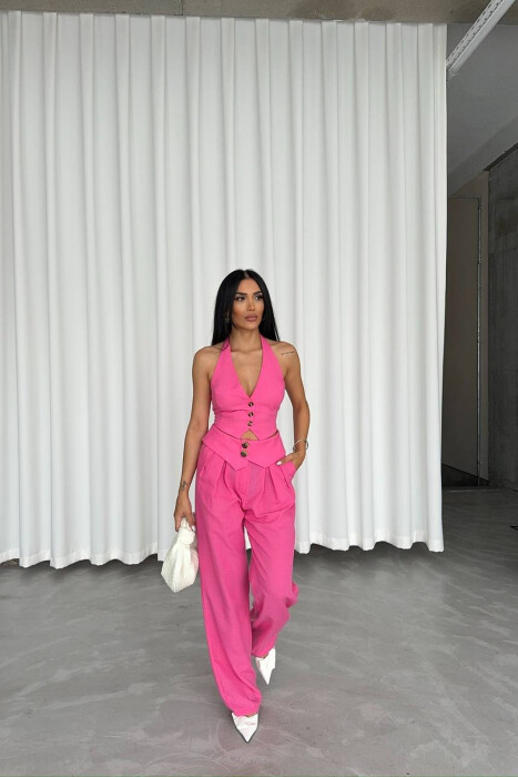 CROP+TROUSERS ONE COLOR WOMEN SET PINK/ROZE 