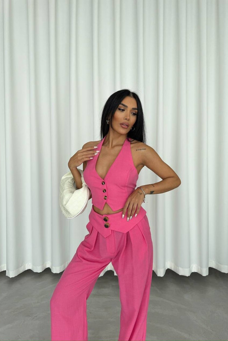 CROP+TROUSERS ONE COLOR WOMEN SET PINK/ROZE - 2