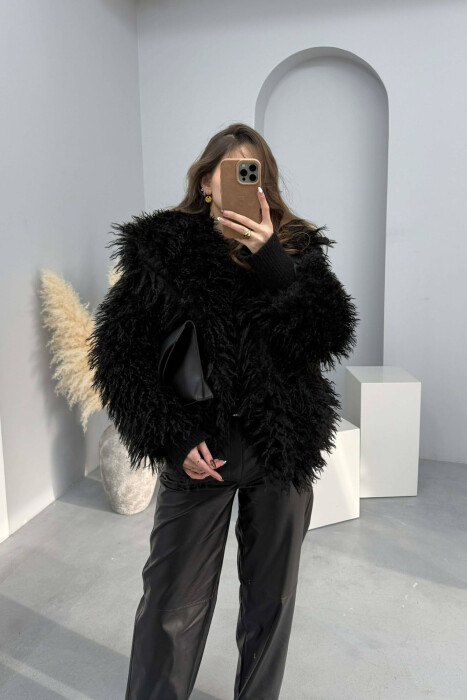 CURLY FAUX FUR HIGH NECK WOMAN COAT BLACK/ E ZEZE - KLAUDIO FASHION