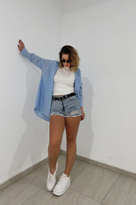 CUT-OFF BELTED WOMEN SHORT JEANS LIGHTBLUE/BZ - 3