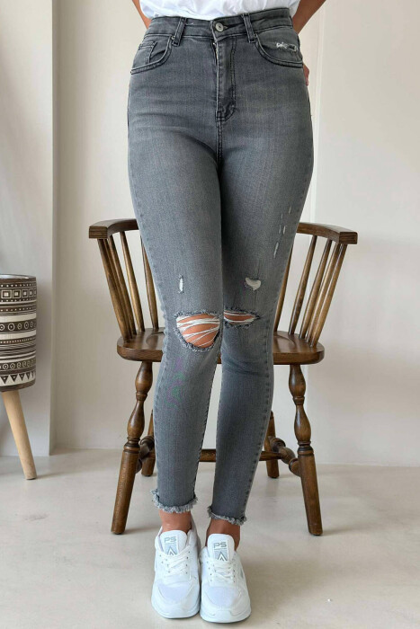 CUT OFF RIPPED WOMEN JEANS GREY/GRI - KLAUDIO FASHION